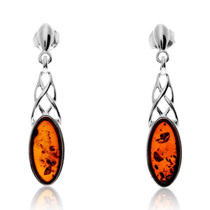 925 Sterling Silver & Genuine Baltic Amber Celtic Drop Earrings - GL1025