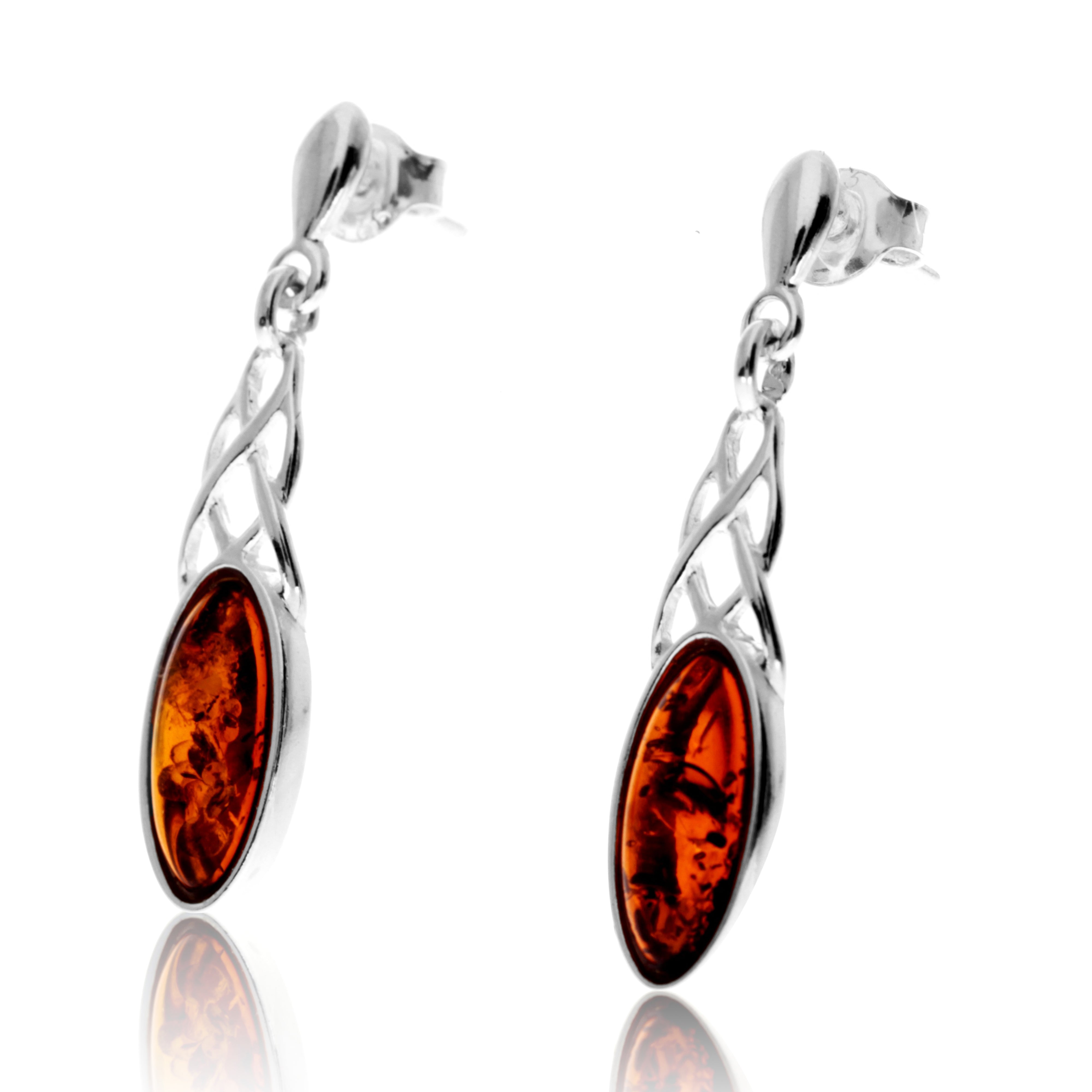 925 Sterling Silver & Genuine Baltic Amber Celtic Drop Earrings - GL1025