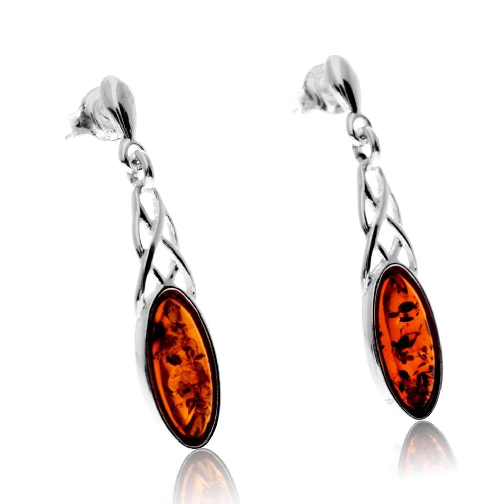 925 Sterling Silver & Genuine Baltic Amber Celtic Drop Earrings - GL1025