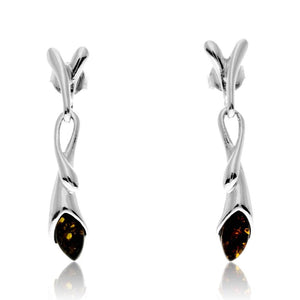 925 Sterling Silver & Genuine Baltic Amber Celtic Drop Earrings - GL1028