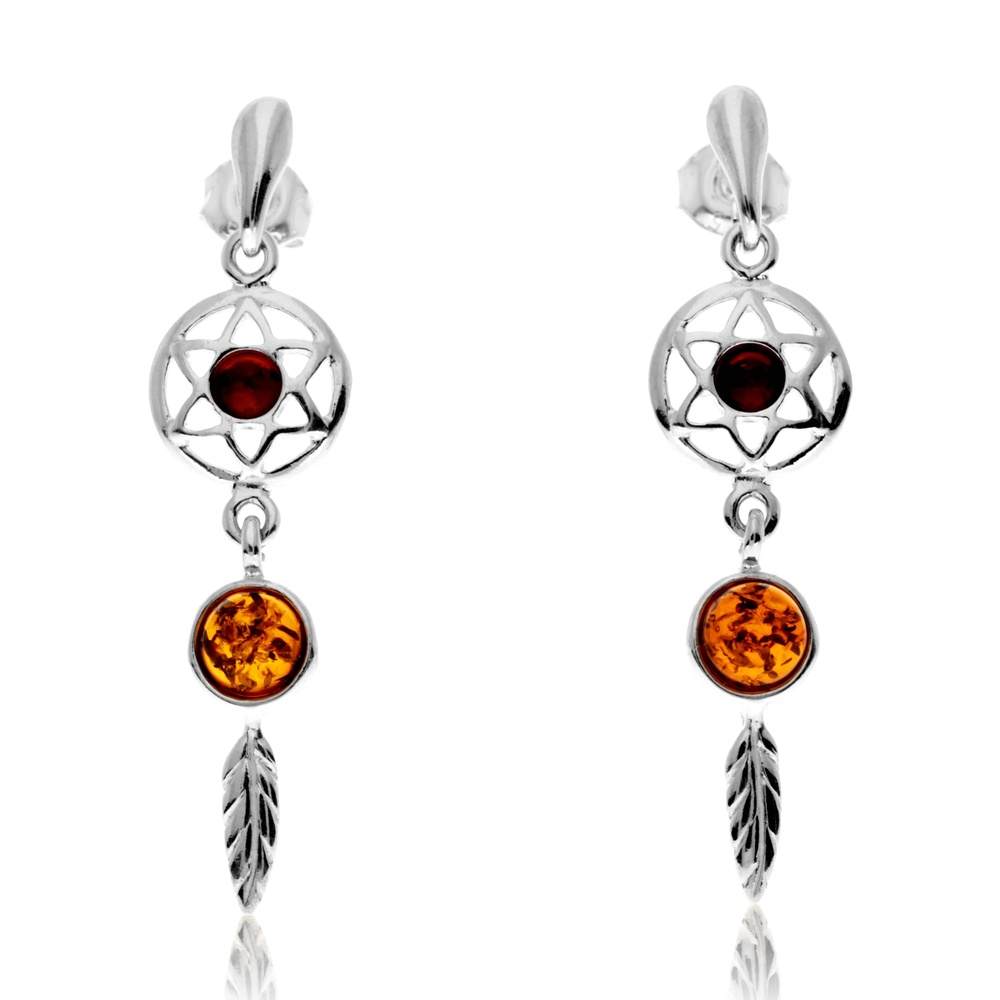 925 Sterling Silver & Genuine Baltic Amber Dreamcatcher Drop Earrings - GL1029