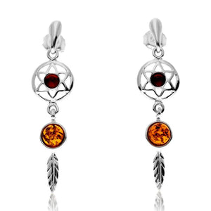 925 Sterling Silver & Genuine Baltic Amber Dreamcatcher Drop Earrings - GL1029