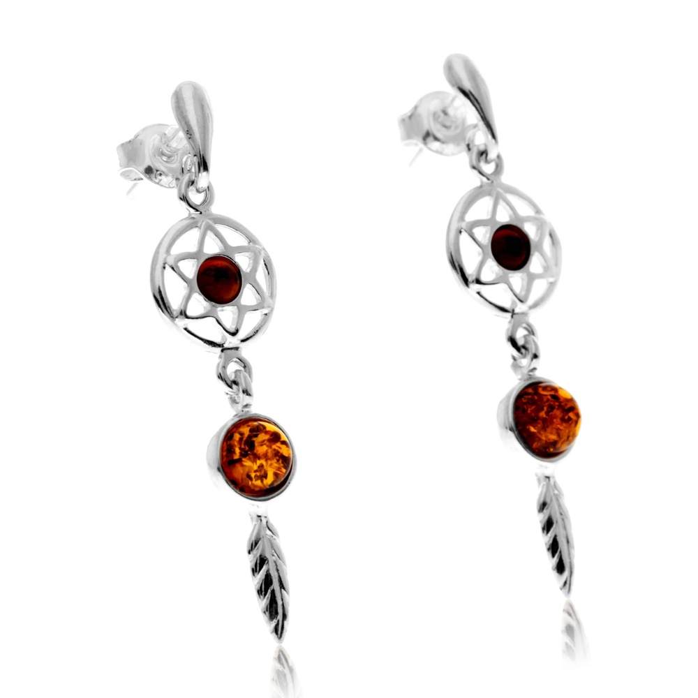 925 Sterling Silver & Genuine Baltic Amber Dreamcatcher Drop Earrings - GL1029