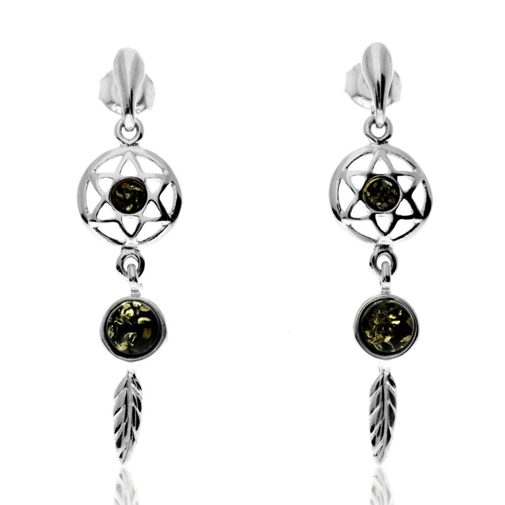 925 Sterling Silver & Genuine Baltic Amber Dreamcatcher Drop Earrings - GL1029