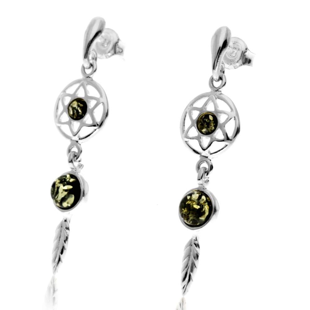 925 Sterling Silver & Genuine Baltic Amber Dreamcatcher Drop Earrings - GL1029