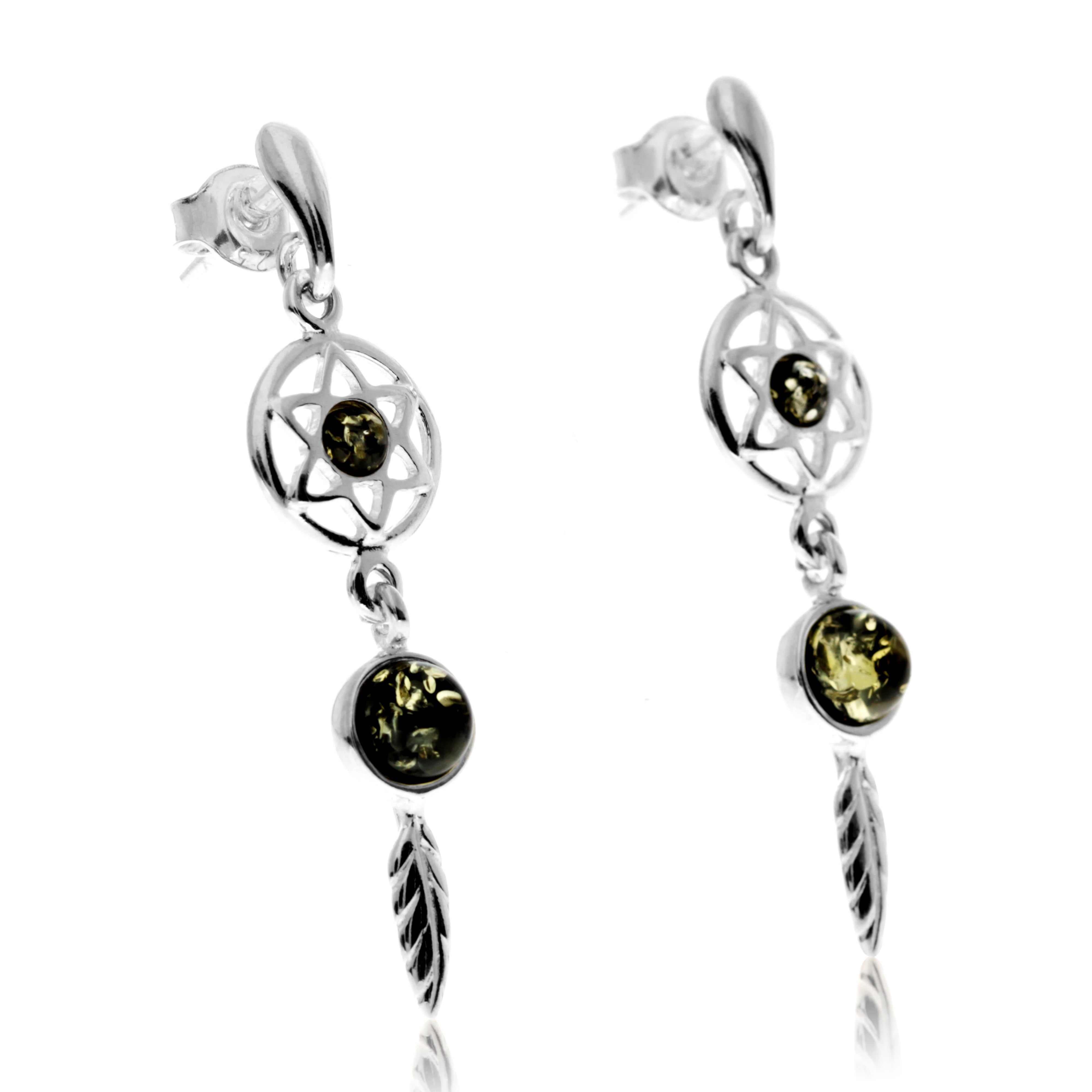 925 Sterling Silver & Genuine Baltic Amber Dreamcatcher Drop Earrings - GL1029