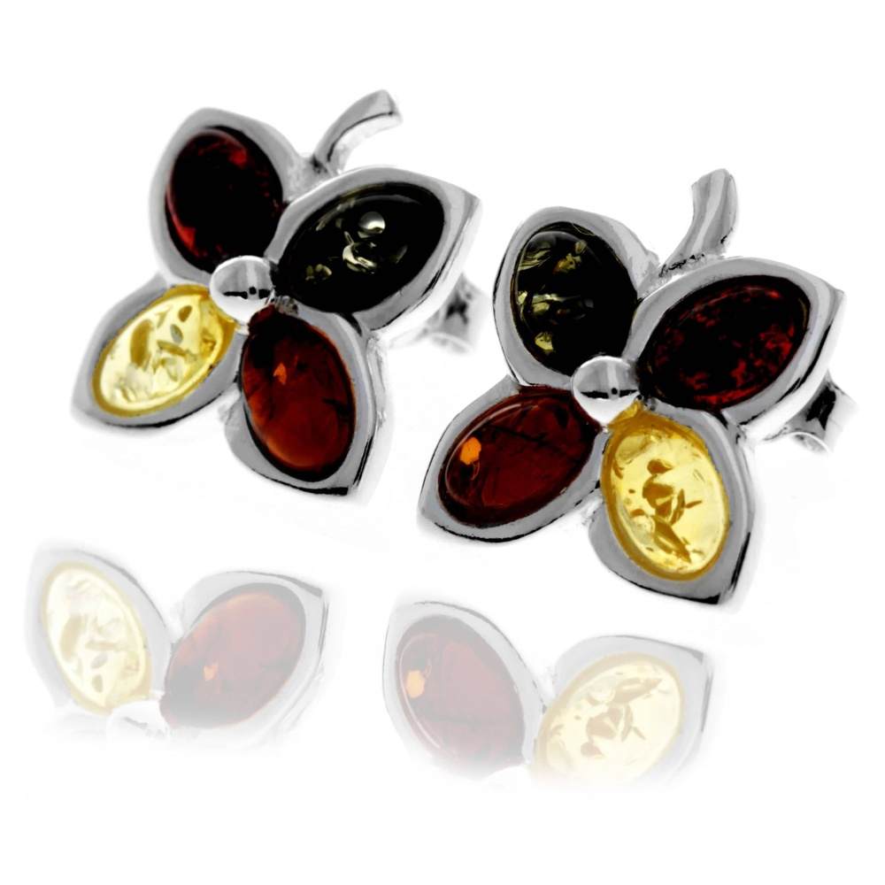 925 Sterling Silver & Genuine Baltic Amber Multi-Stones Lucky Clover Flowers Studs Earrings - GL1035