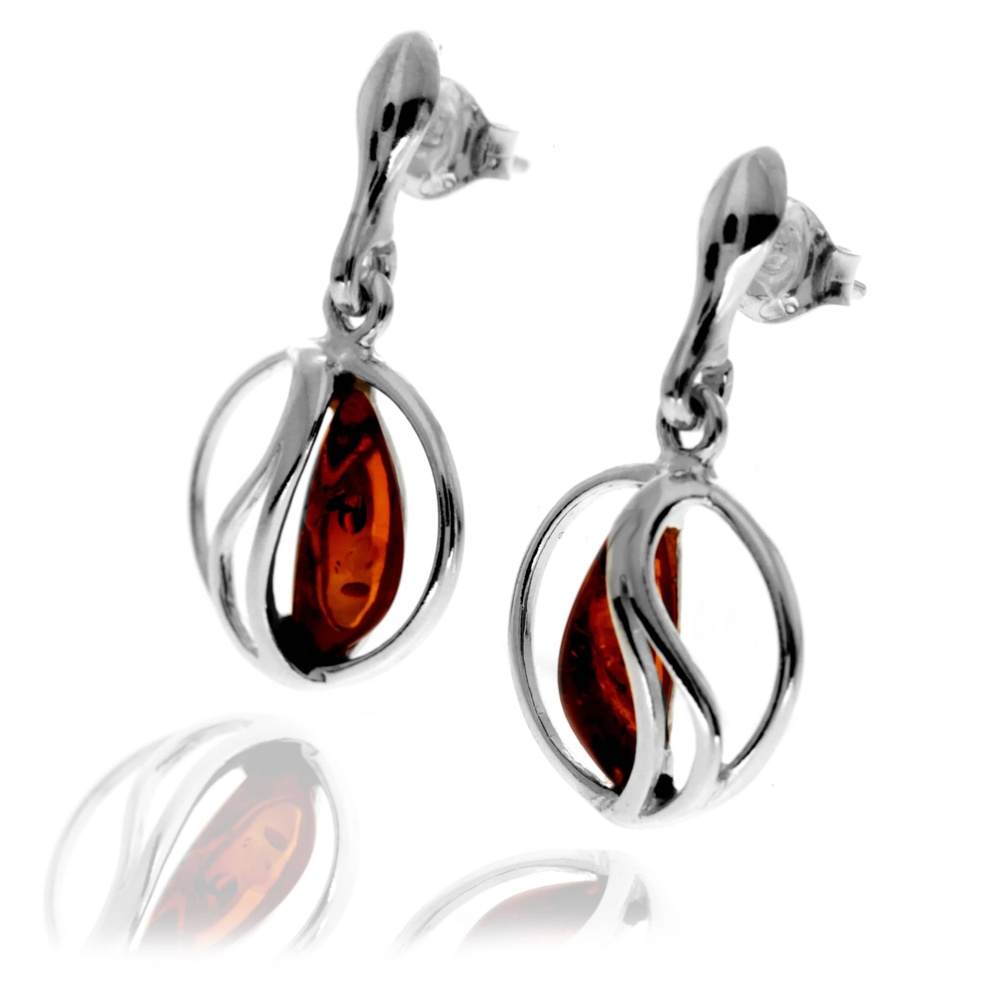 925 Sterling Silver & Genuine Baltic Amber Modern Drop Earrings - GL1037