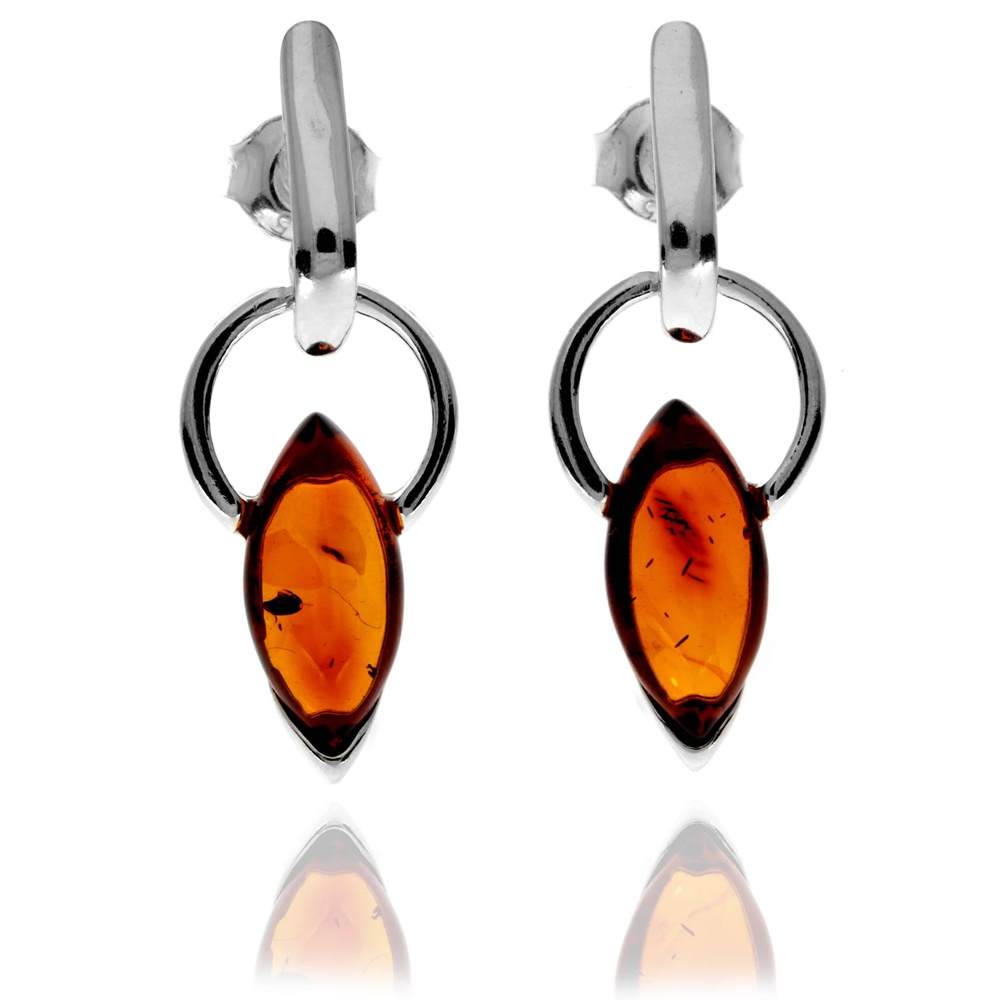 925 Sterling Silver & Genuine Baltic Amber Modern Drop Earrings - GL1038