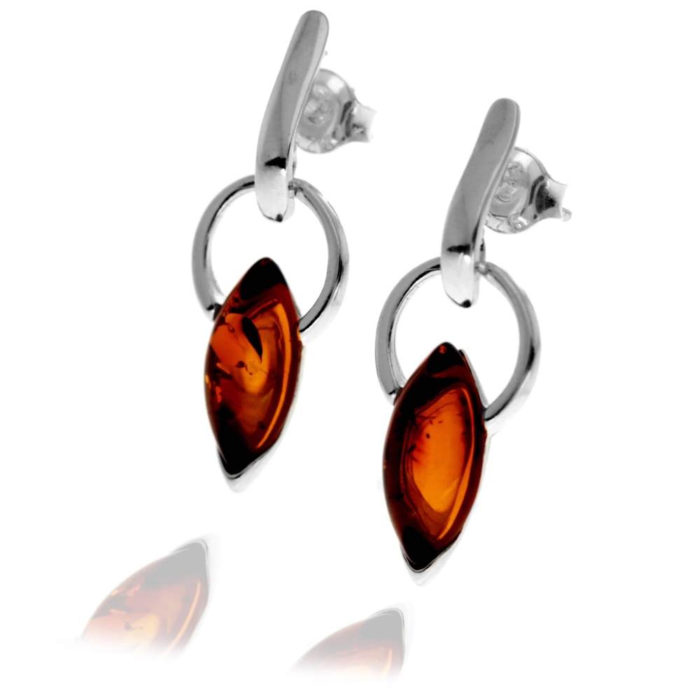 925 Sterling Silver & Genuine Baltic Amber Modern Drop Earrings - GL1038