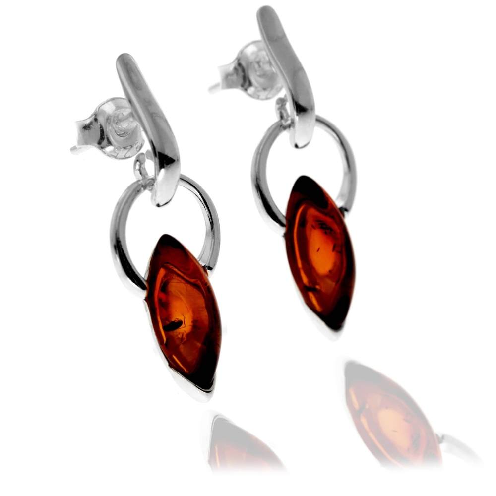 925 Sterling Silver & Genuine Baltic Amber Modern Drop Earrings - GL1038