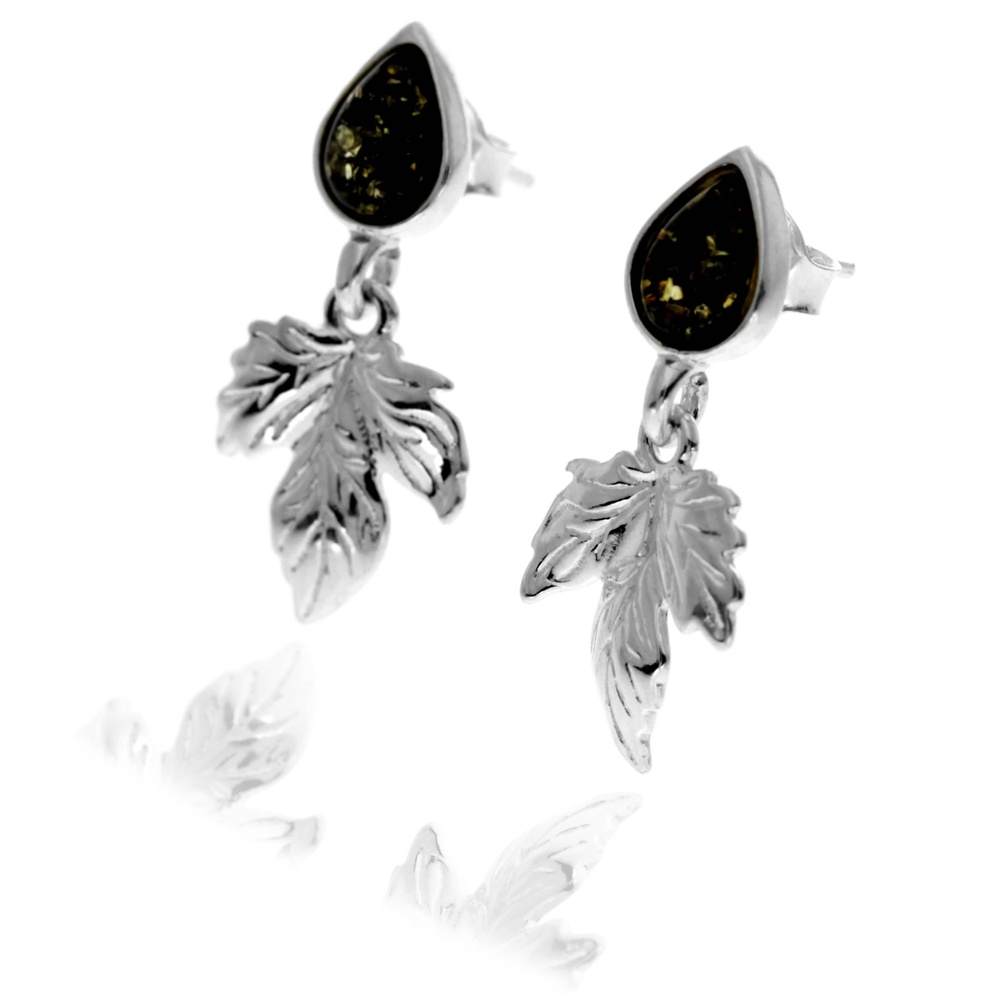 925 Sterling Silver & Teardrop Genuine Baltic Amber Modern Leaf Drop Earrings - GL1039