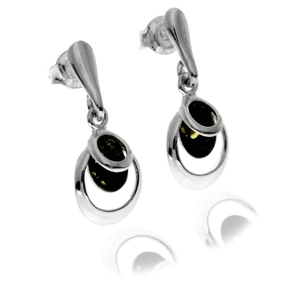 925 Sterling Silver & Genuine Baltic Amber Modern Drop Earrings - GL1041