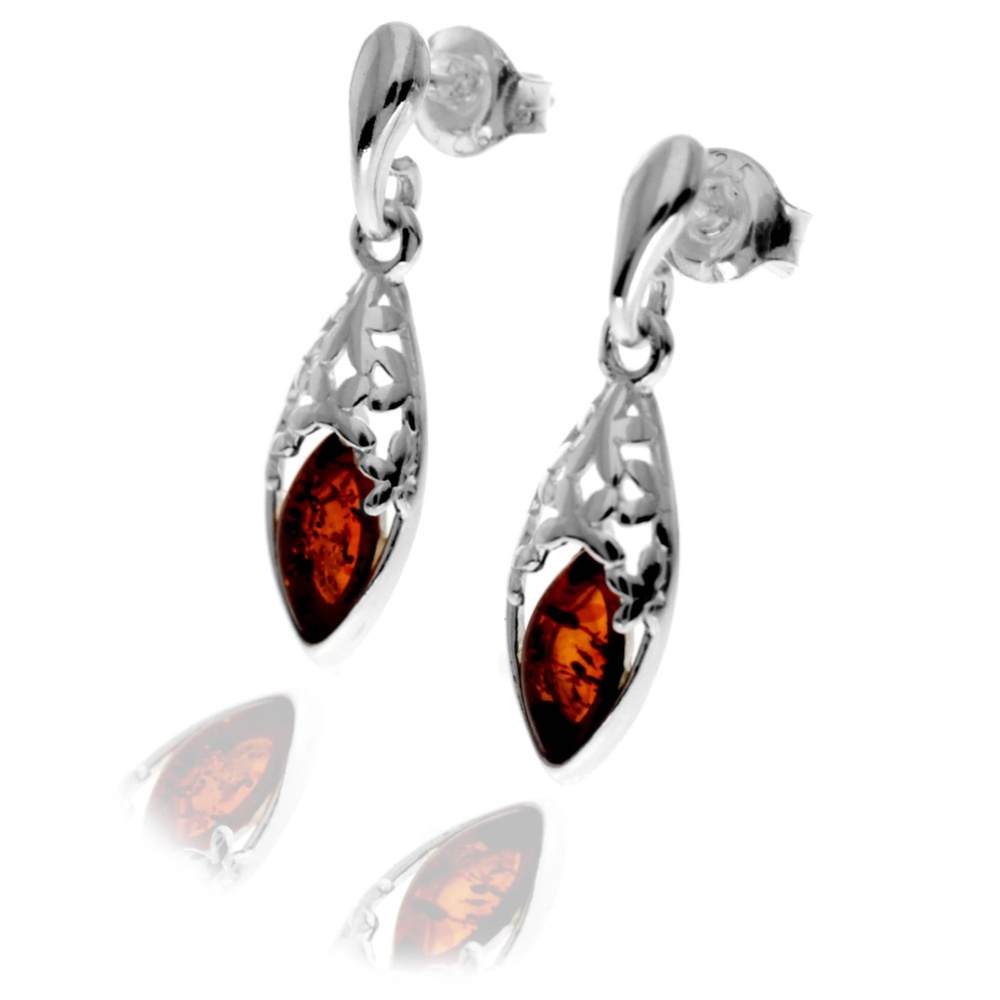 925 Sterling Silver & Genuine Baltic Amber Modern Drop Earrings - GL1042