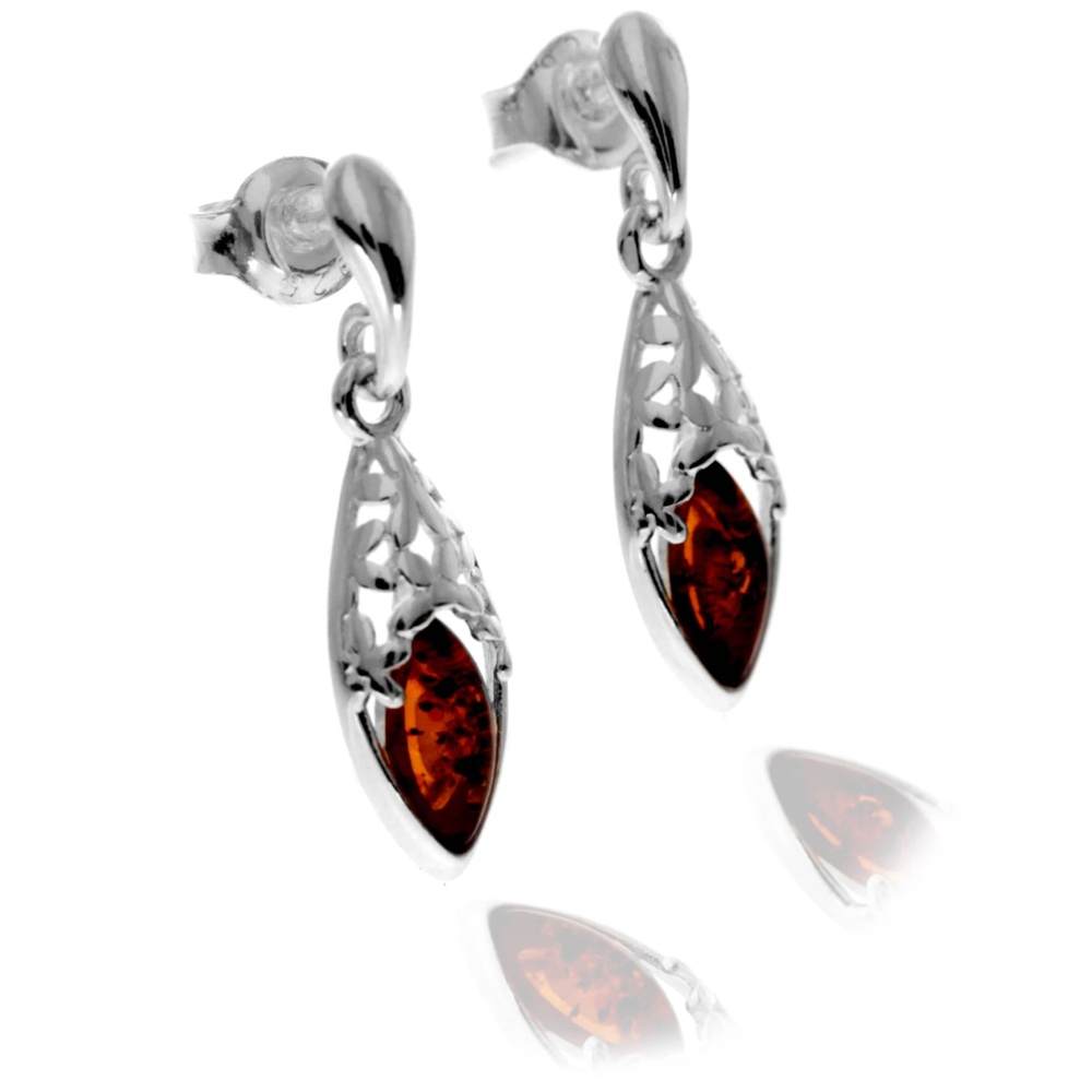 925 Sterling Silver & Genuine Baltic Amber Modern Drop Earrings - GL1042