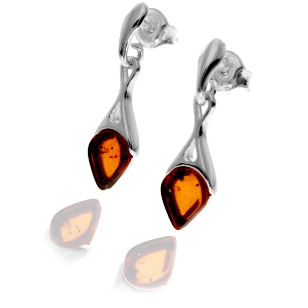925 Sterling Silver & Genuine Baltic Amber Modern Drop Earrings - GL1043