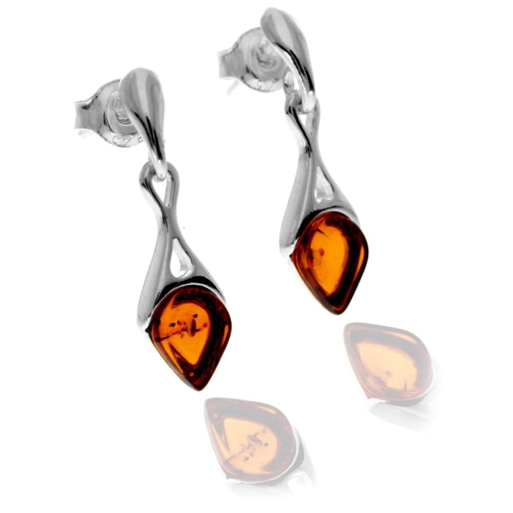 925 Sterling Silver & Genuine Baltic Amber Modern Drop Earrings - GL1043