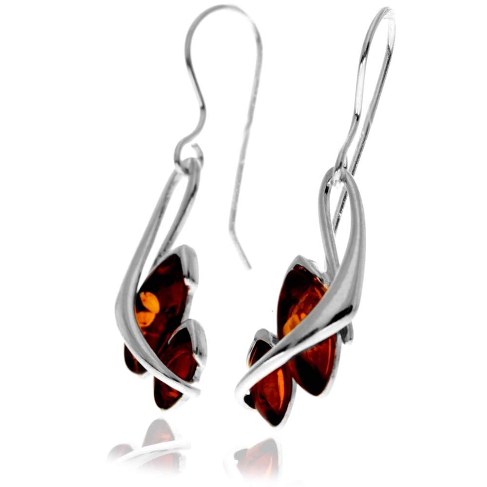 925 Sterling Silver & Genuine Baltic Amber Modern Drop Earrings - GL1046