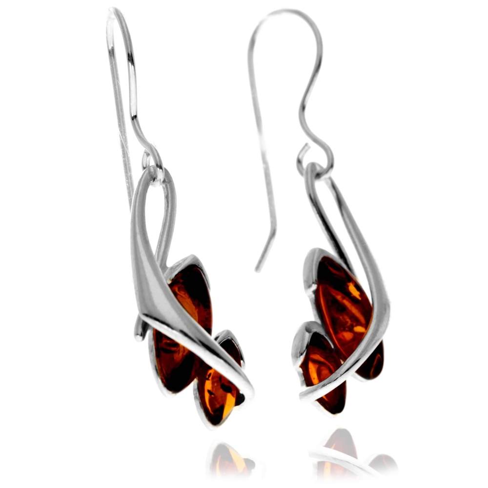 925 Sterling Silver & Genuine Baltic Amber Modern Drop Earrings - GL1046