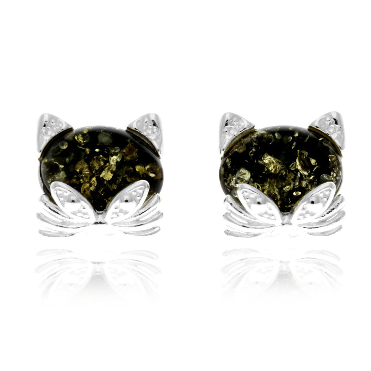 925 Sterling Silver & Baltic Amber Cute Cats Studs Earrings - GL192