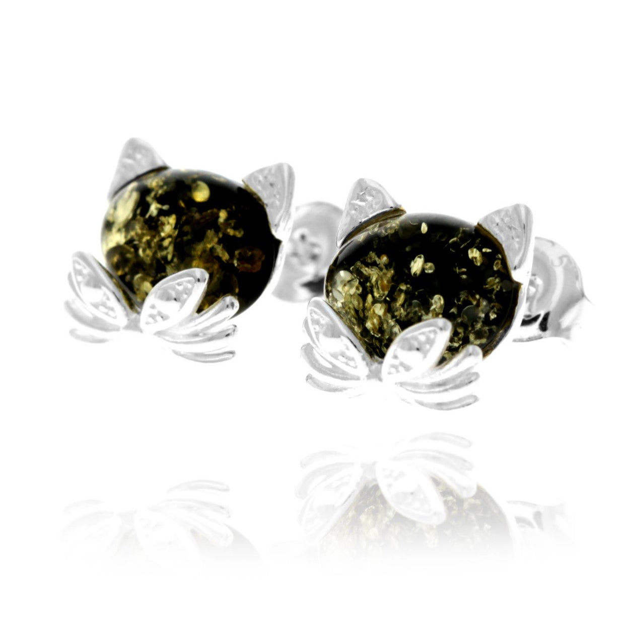 925 Sterling Silver & Baltic Amber Cute Cats Studs Earrings - GL192