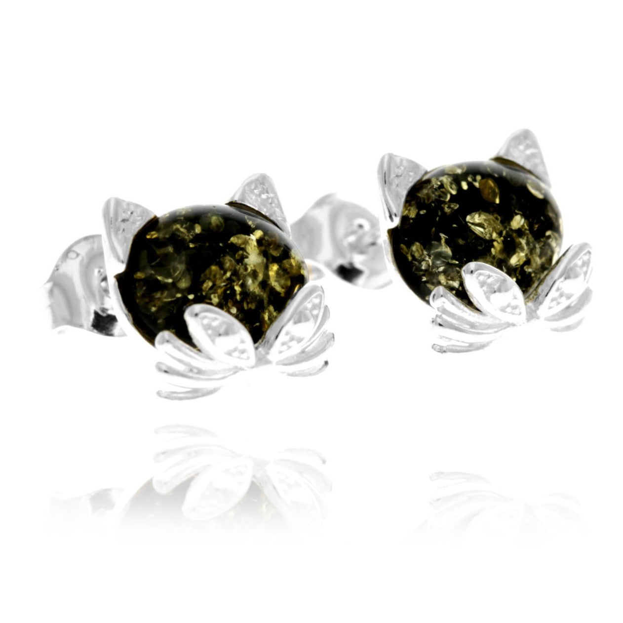 925 Sterling Silver & Baltic Amber Cute Cats Studs Earrings - GL192