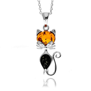 925 Sterling Silver & Baltic Amber Modern Cat Pendant - GL2011