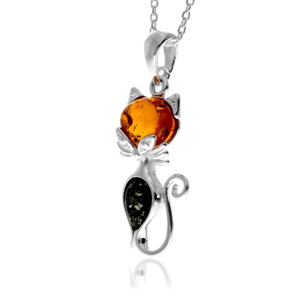 925 Sterling Silver & Baltic Amber Modern Cat Pendant - GL2011