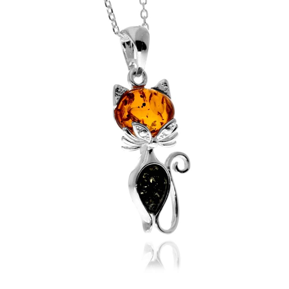 925 Sterling Silver & Baltic Amber Modern Cat Pendant - GL2011