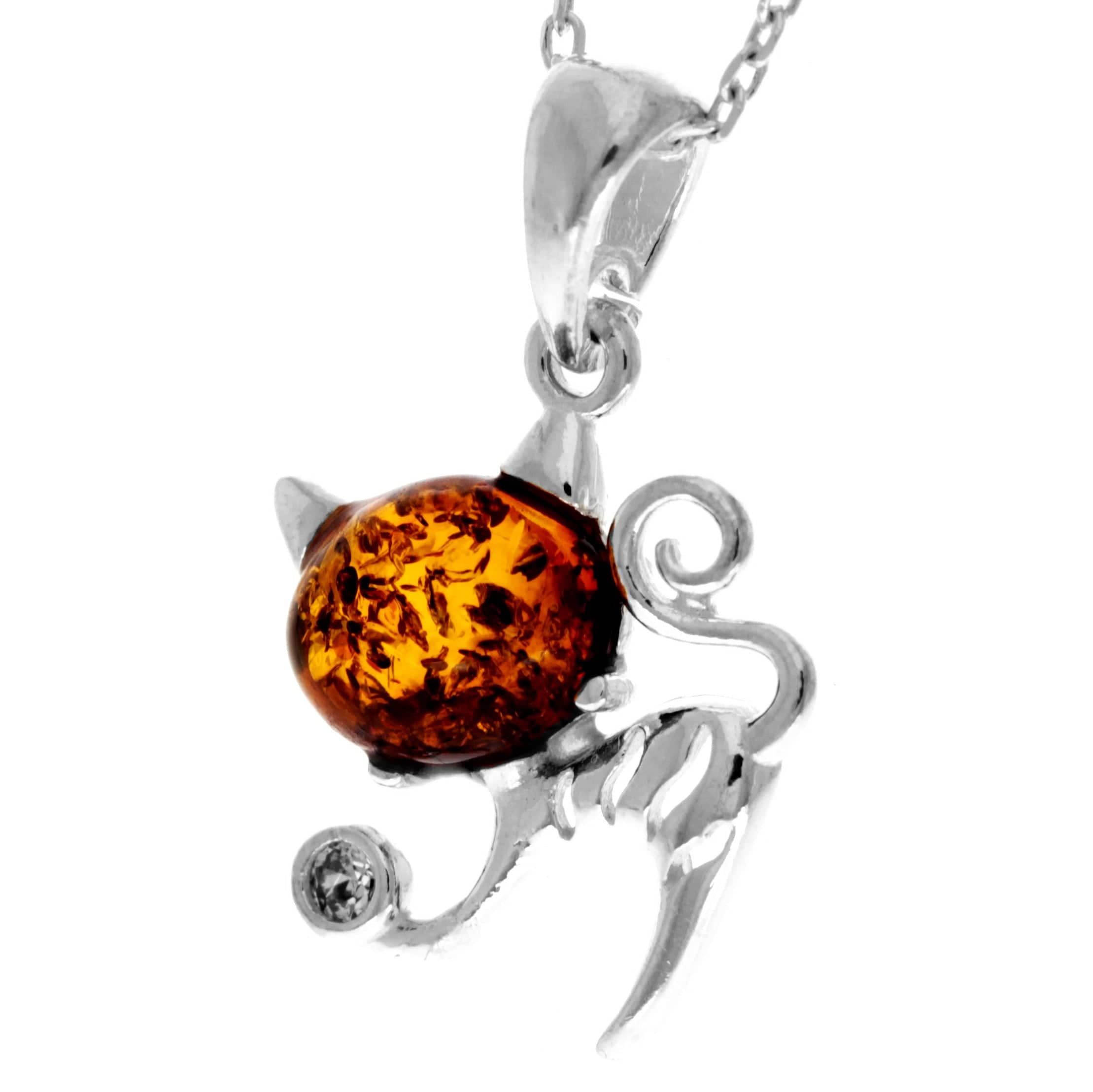 925 Sterling Silver & Genuine Baltic Amber Modern Pussy Cat Pendant - GL2034