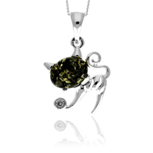 925 Sterling Silver & Genuine Baltic Amber Modern Pussy Cat Pendant - GL2034