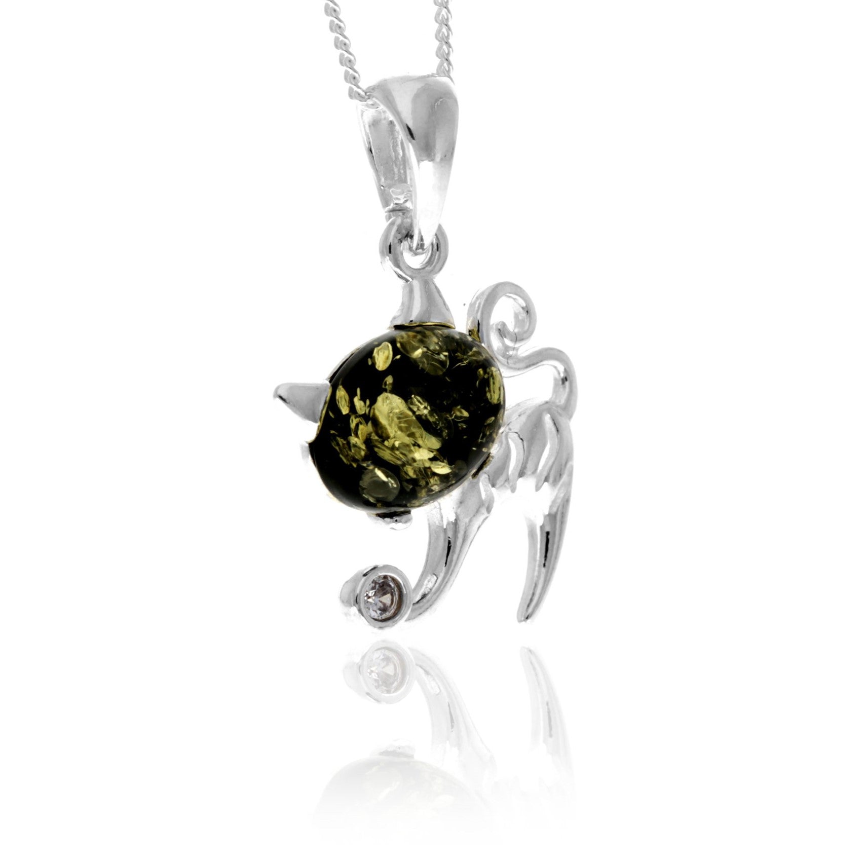 925 Sterling Silver & Genuine Baltic Amber Modern Pussy Cat Pendant - GL2034