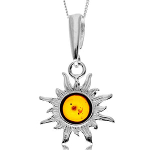 925 Sterling Silver & Genuine Baltic Amber Small Classic Sun Pendant - GL2045