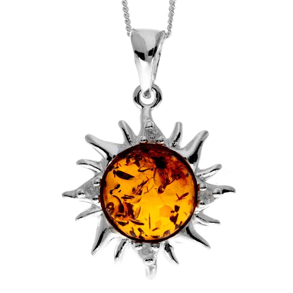 925 Sterling Silver & Genuine Baltic Amber Sun Pendant with Zirconia Stones - GL2061