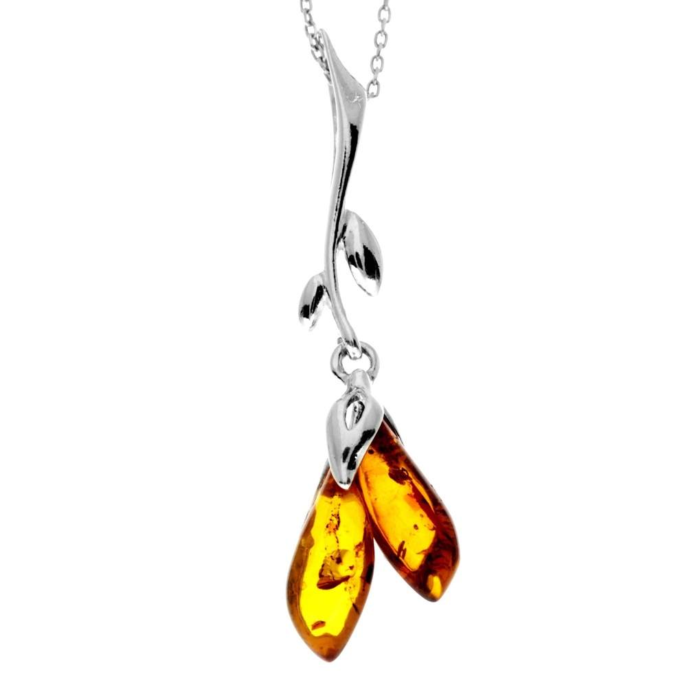 925 Sterling Silver & Genuine Baltic Amber Large Modern 2 Stones Pendant - GL207