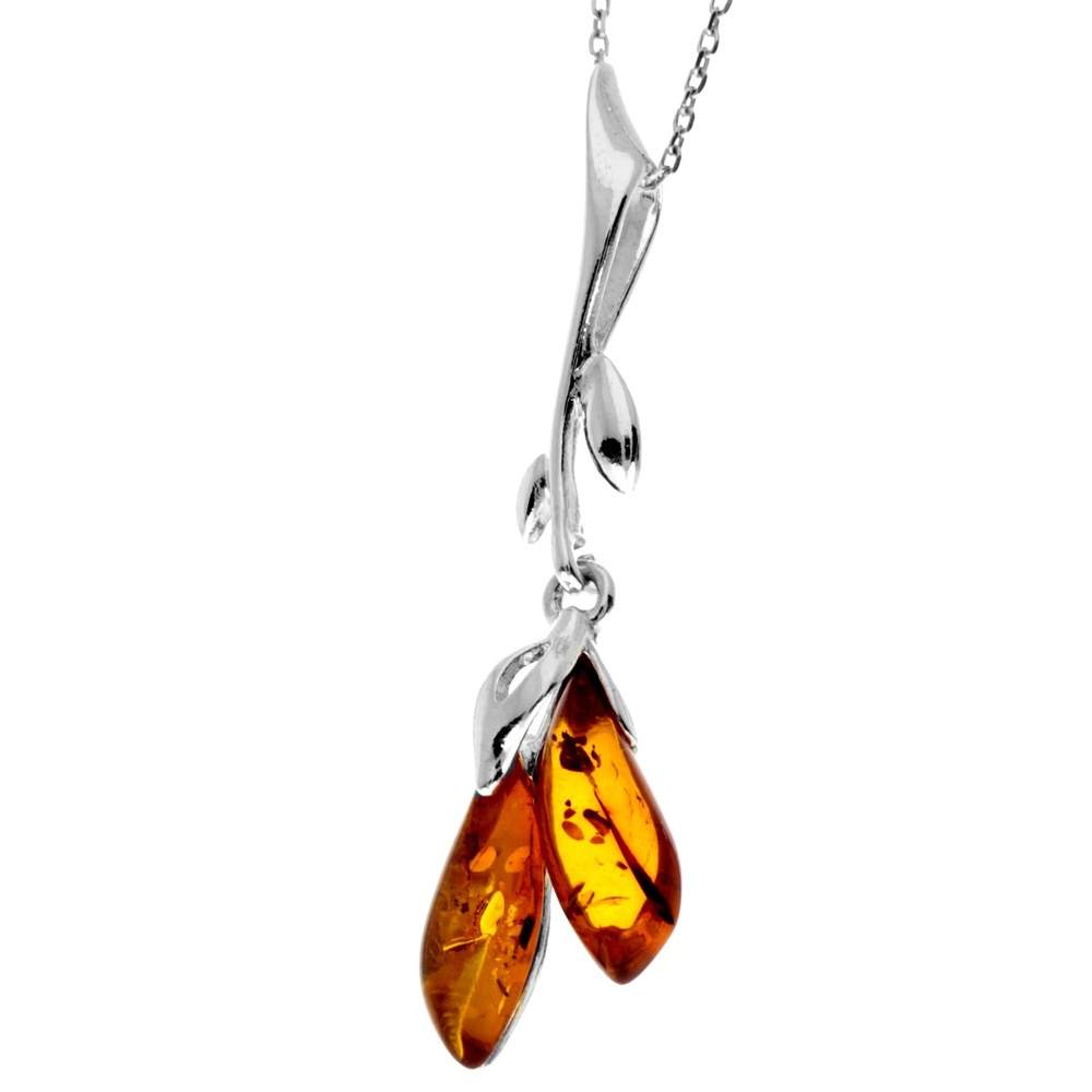 925 Sterling Silver & Genuine Baltic Amber Large Modern 2 Stones Pendant - GL207