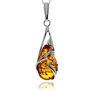 925 Sterling Silver & Genuine Baltic Amber Teardrop Modern Pendant - GL210