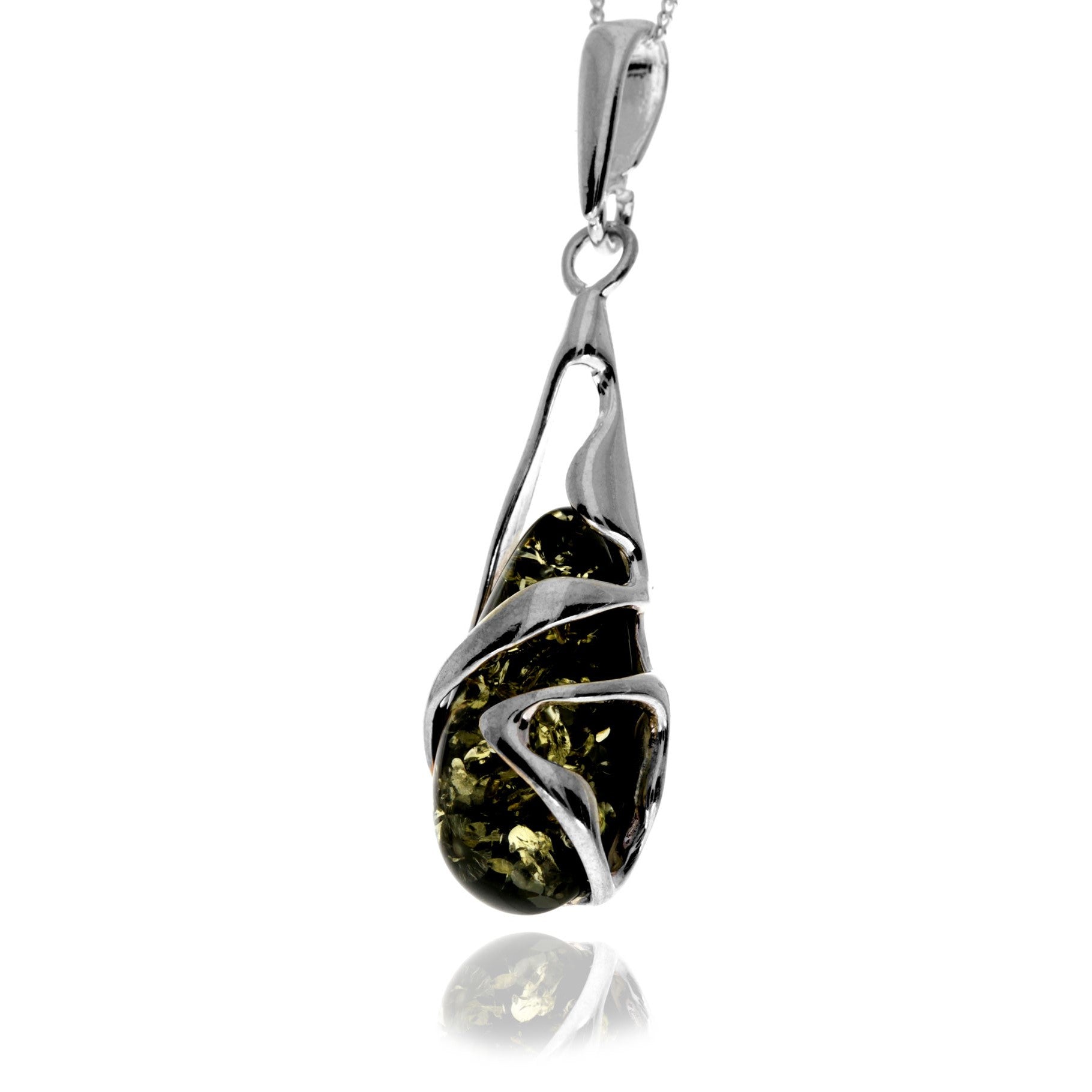 925 Sterling Silver & Genuine Baltic Amber Teardrop Modern Pendant - GL210