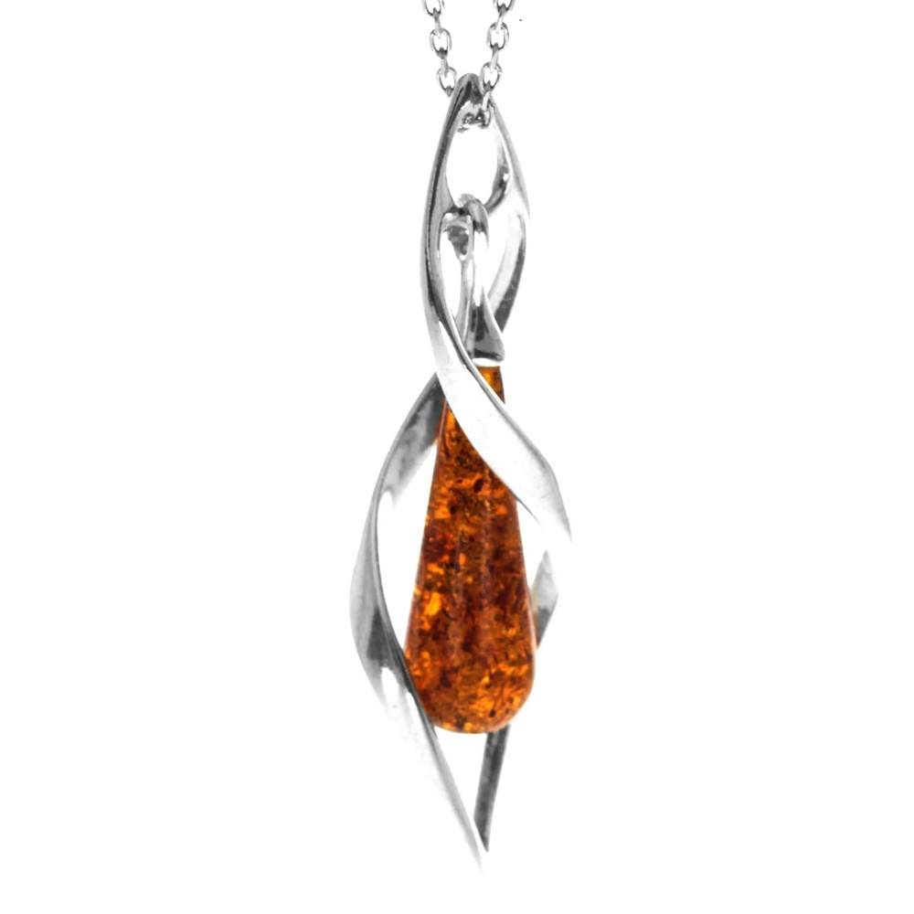 925 Sterling Silver & Genuine Baltic Amber Modern Designer Pendant - GL229