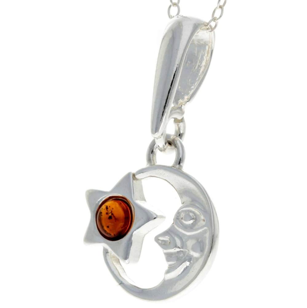 925 Sterling Silver & Baltic Amber Moon and Star Pendant - GL293