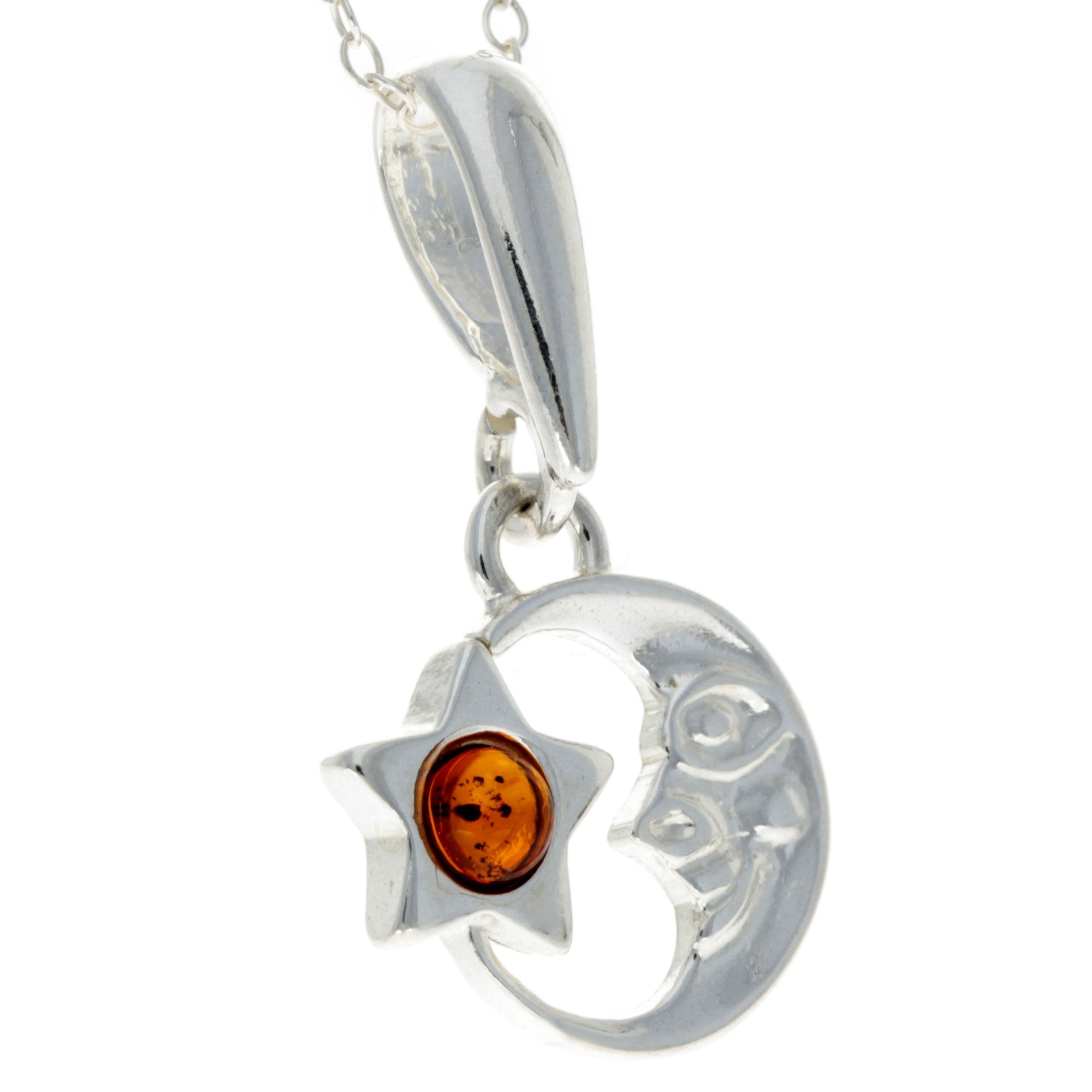 925 Sterling Silver & Baltic Amber Moon and Star Pendant - GL293