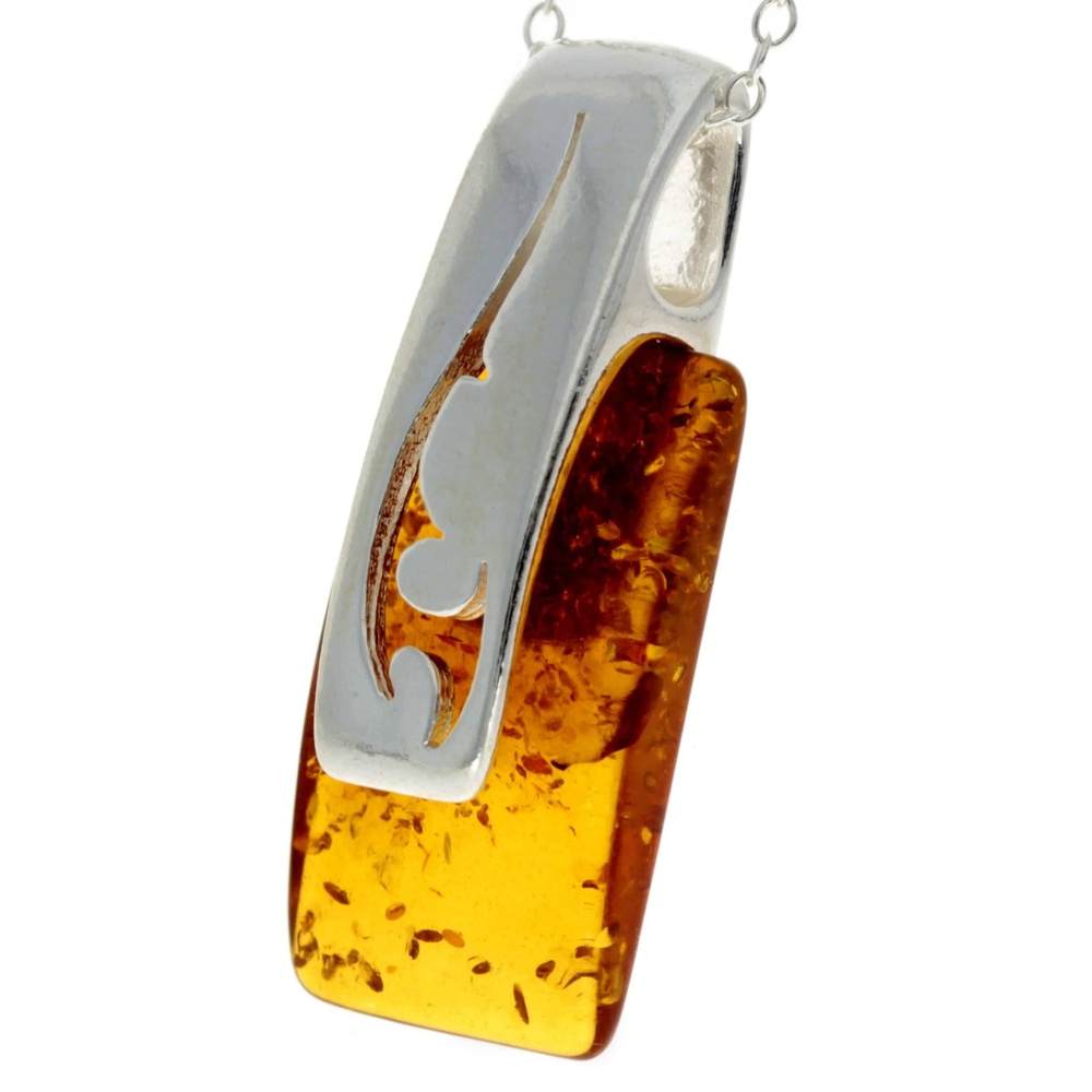 925 Sterling Silver & Genuine Baltic Amber Rectangular Modern Pendant - GL294