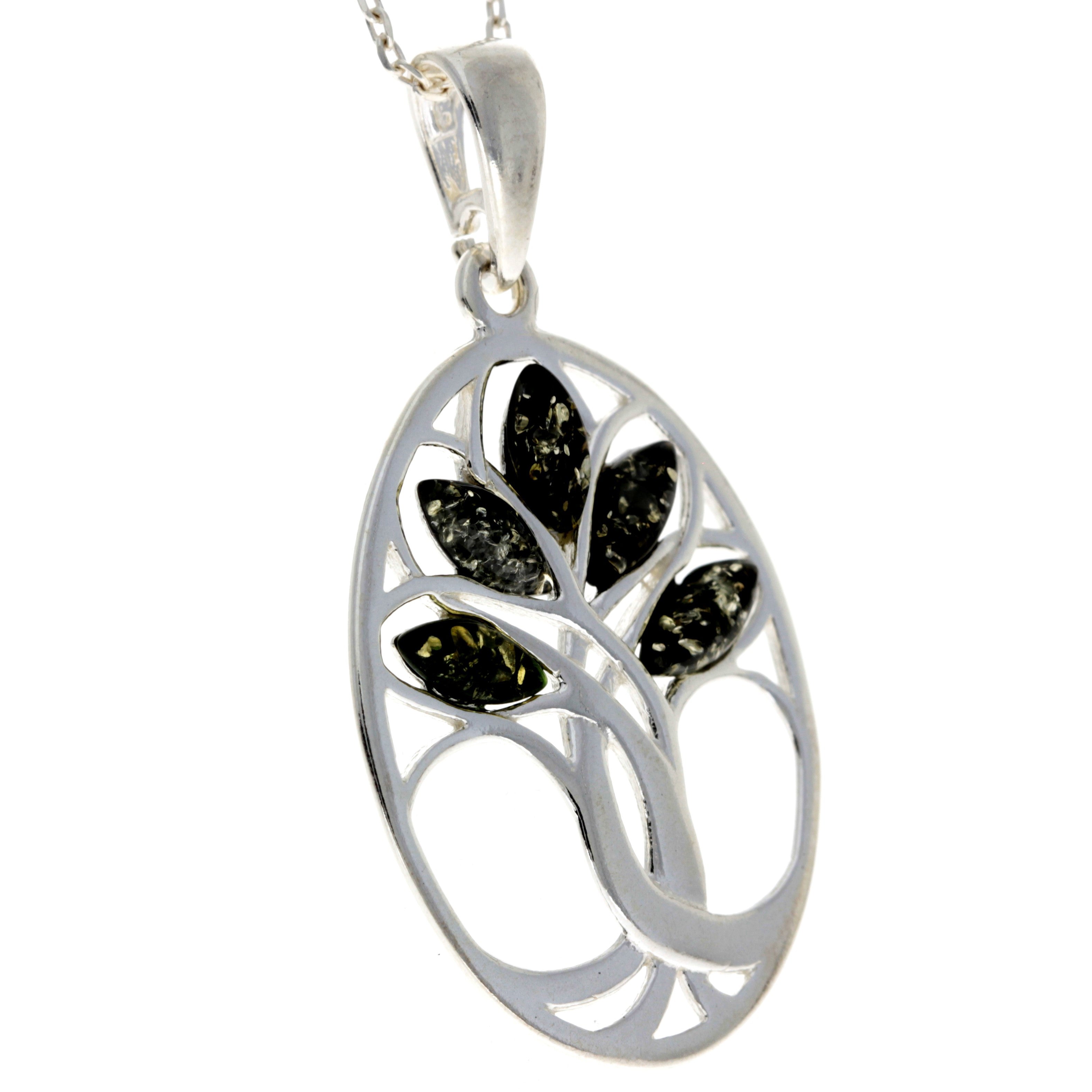 925 Sterling Silver & Baltic Amber Tree of Life Oval Pendant - GL364