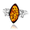 925 Sterling Silver & Genuine Baltic Amber Flower Ring - GL409