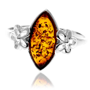 925 Sterling Silver & Genuine Baltic Amber Flower Ring - GL409