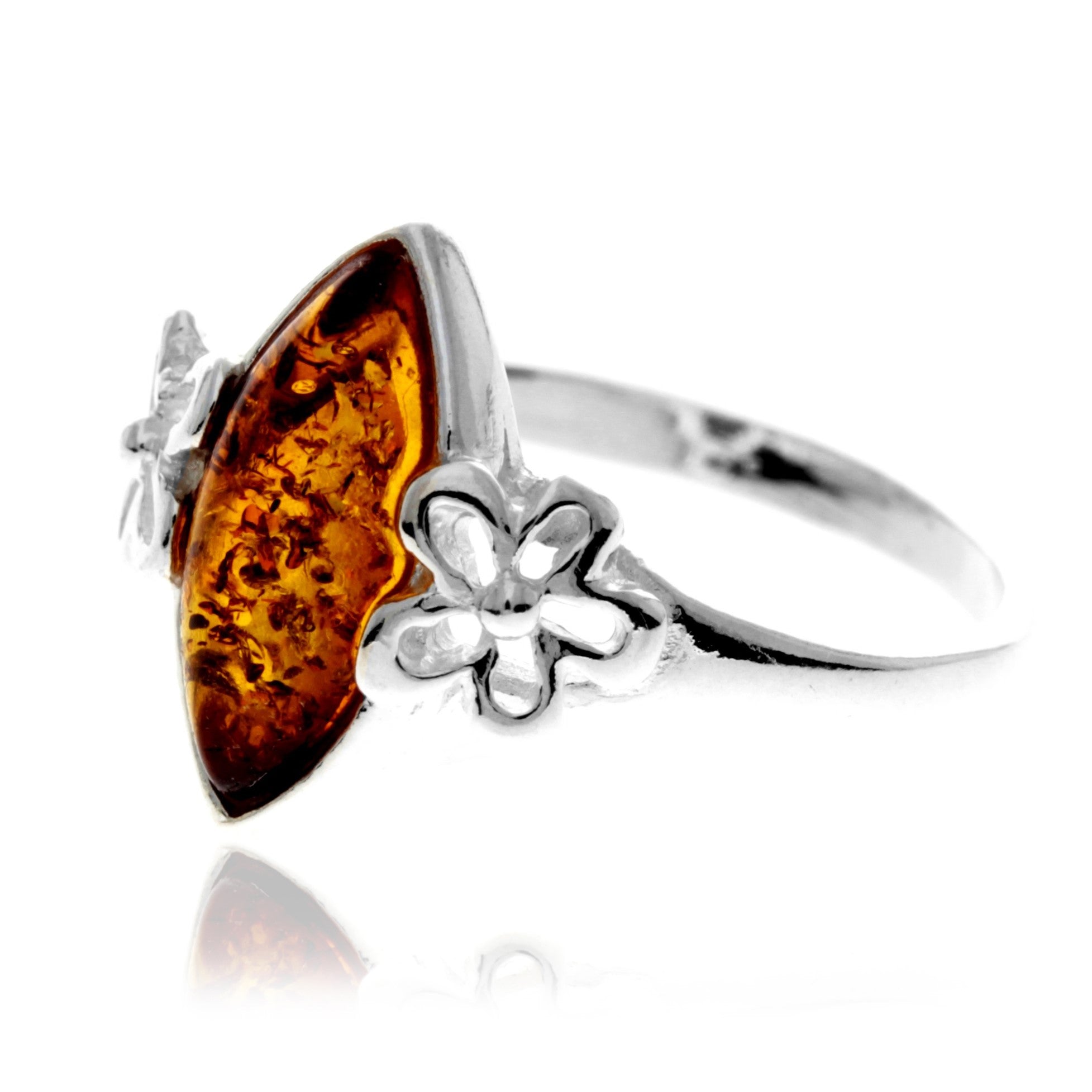 925 Sterling Silver & Genuine Baltic Amber Flower Ring - GL409