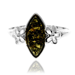 925 Sterling Silver & Genuine Baltic Amber Flower Ring - GL409