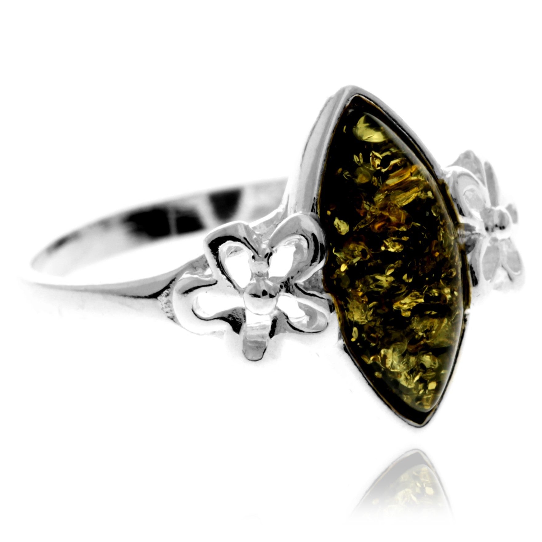 925 Sterling Silver & Genuine Baltic Amber Flower Ring - GL409