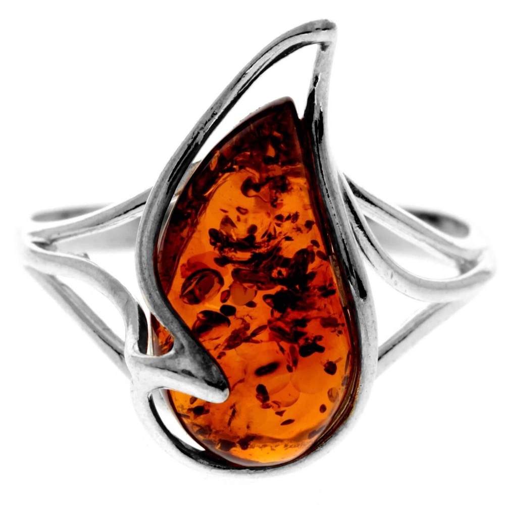 925 Sterling Silver & Genuine Baltic Amber Modern Designer Ring - GL417