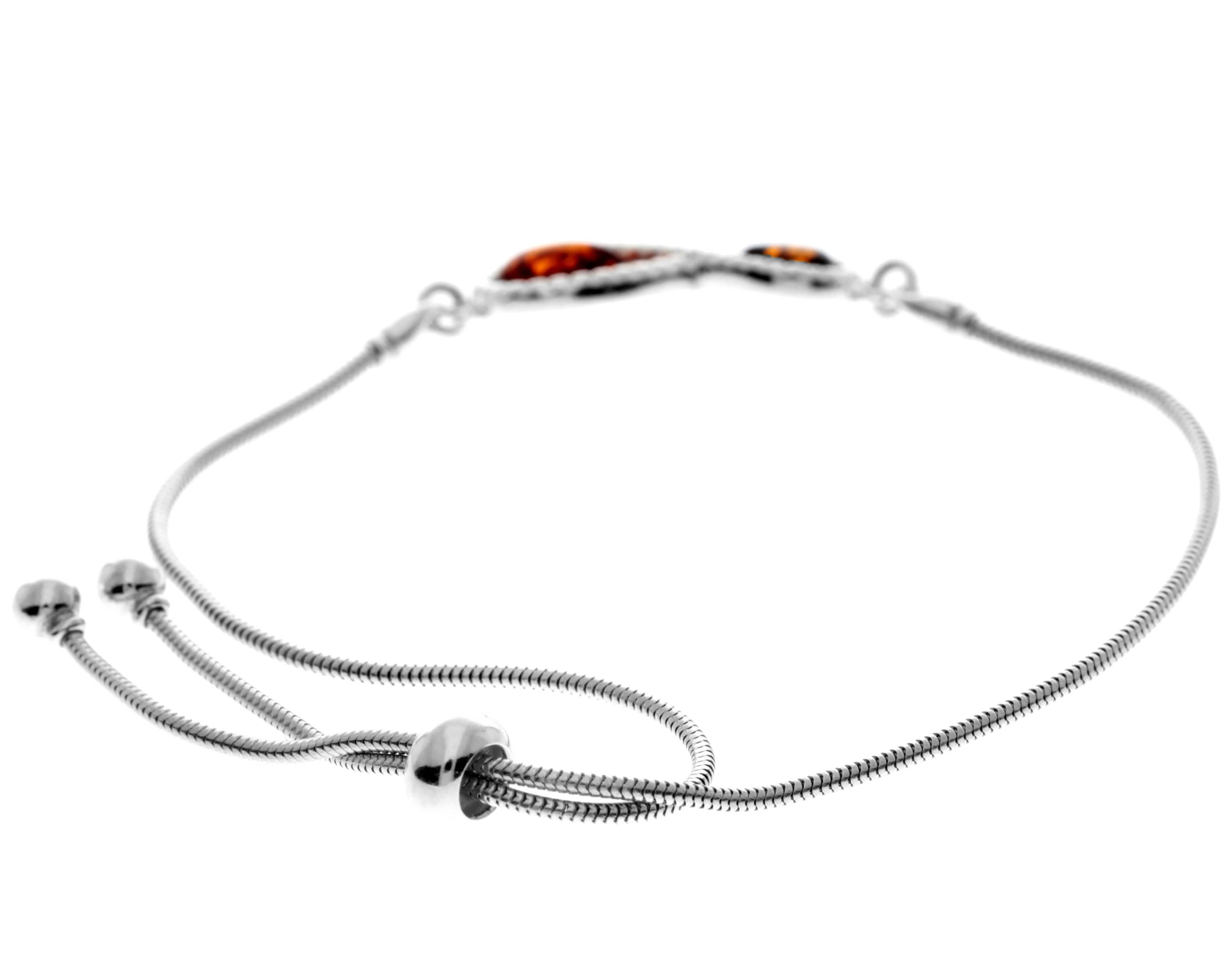 925 Sterling Silver & Genuine Baltic Amber Modern Infinity Adjustable Bracelet - GL542